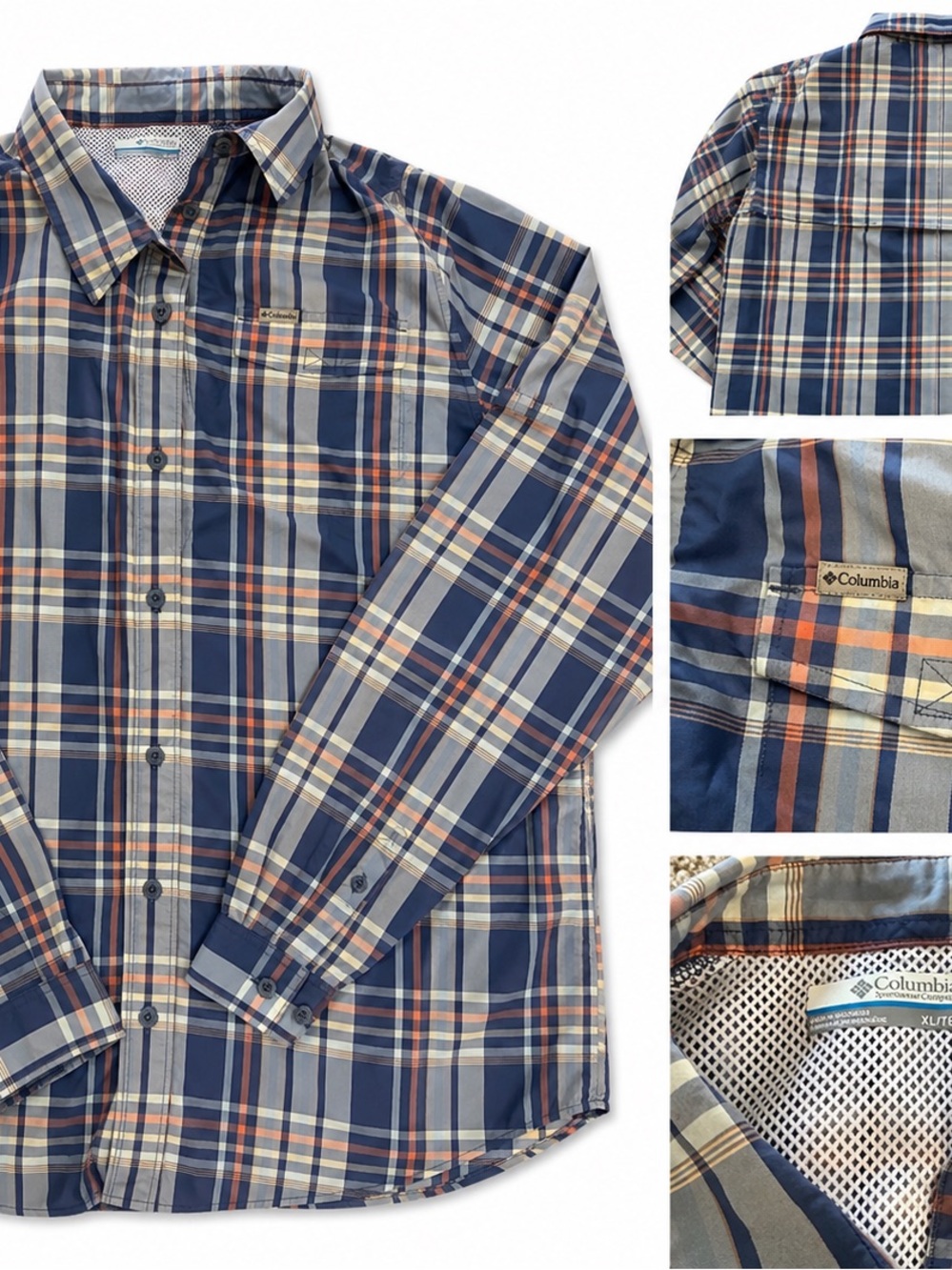 Columbia Boy’s Navy and Gray Plaid Button-Down Shirt with Orange Accents